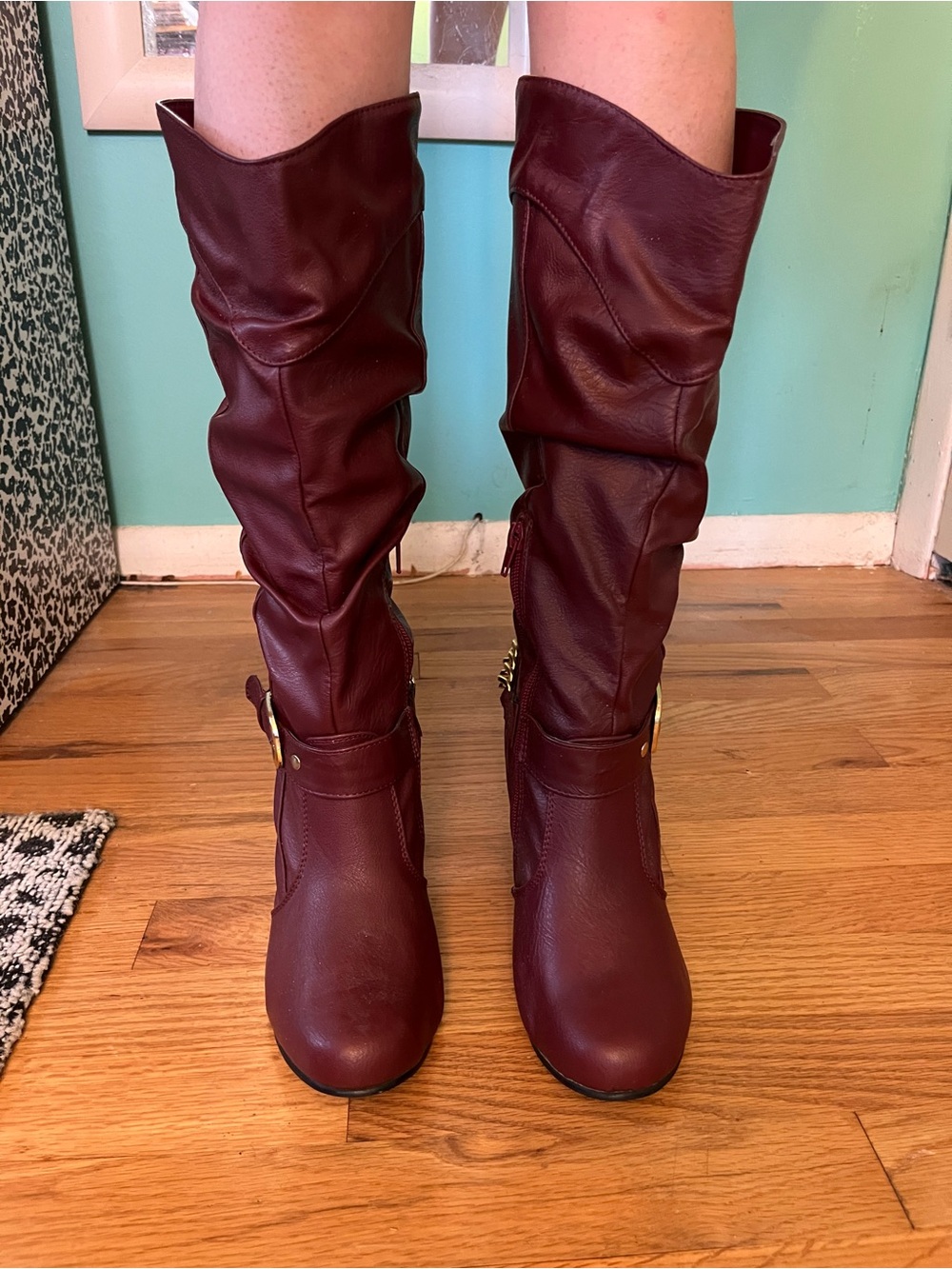 Burgundy Over-the-Knee Slouch Boots with Gold Buckle
